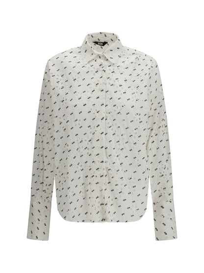 GCDS Cotton broderie anglaise Shirt with all-over logo embroidery - Optic White/Black