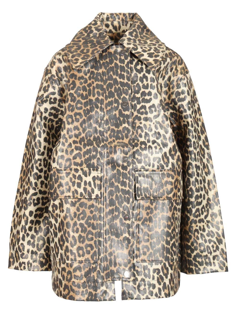 Ganni Leopard Laminated Cotton Jacket - Animal Print