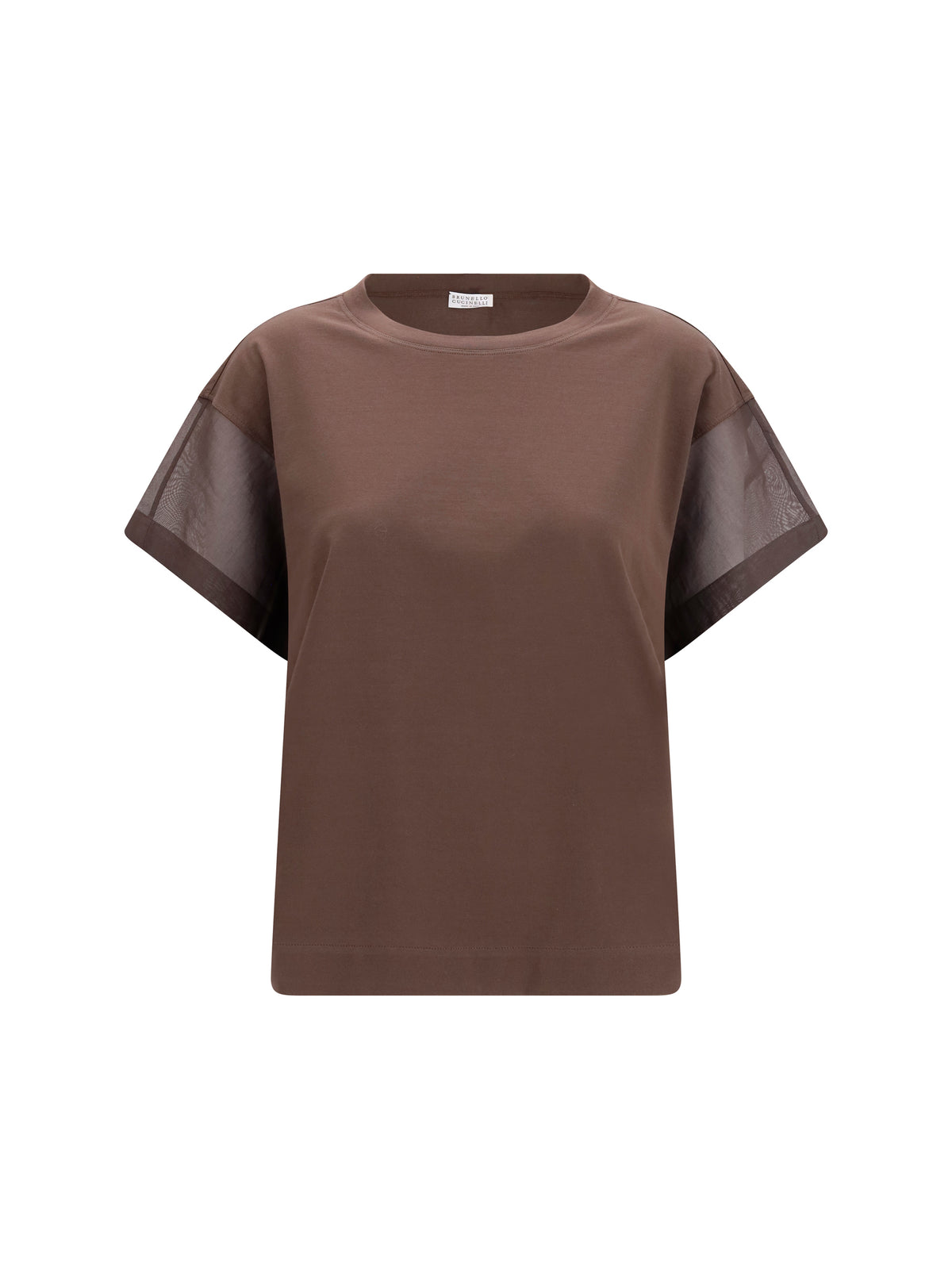 Brunello Cucinelli Cotton T-shirt with sheer sleeves and side panels - Dark Brown