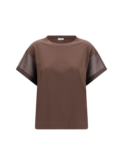 Brunello Cucinelli Cotton T-shirt with sheer sleeves and side panels - Dark Brown