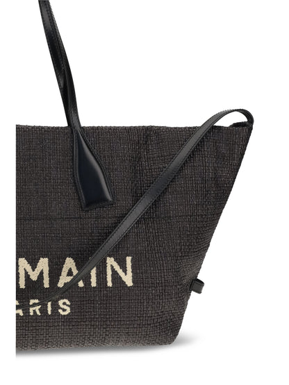 Balmain Track Shoulder Bag in leather and raffia - Noir