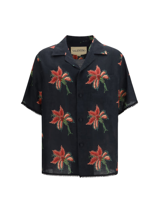 VALENTINO Papier Floral print linen bowling Shirt