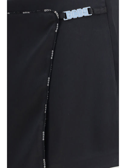 GCDS Satin mini Skirt-Shorts with logo trim - Black/Black