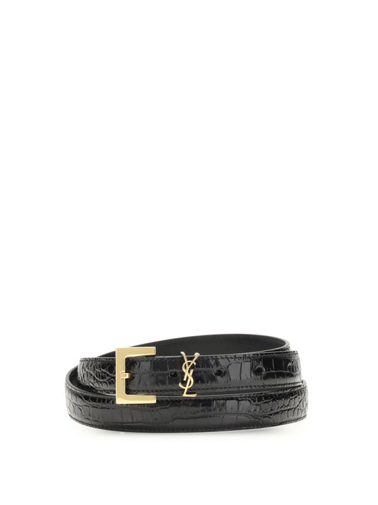 SAINT LAURENT Crocodile-effect Cassandre Belt