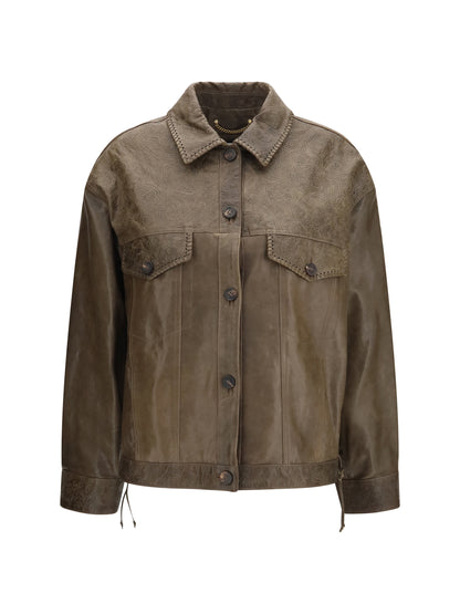 Golden Goose Babete leather Jacket with embossed details - Mud Green