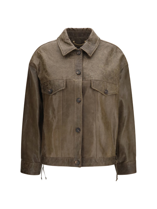 Golden Goose Babete leather Jacket with embossed details - Mud Green