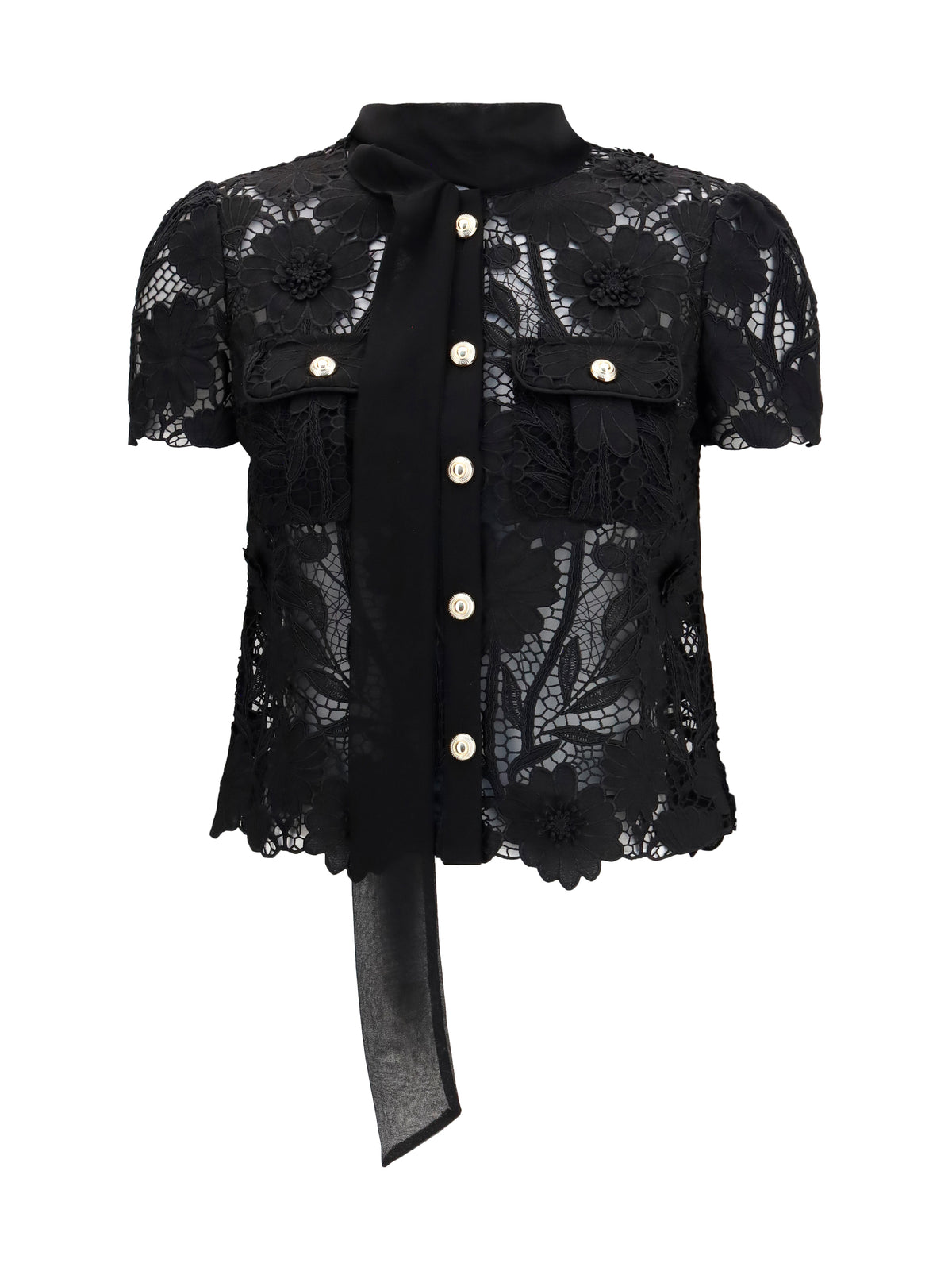 Self-Portrait Tie-neck Top - Black