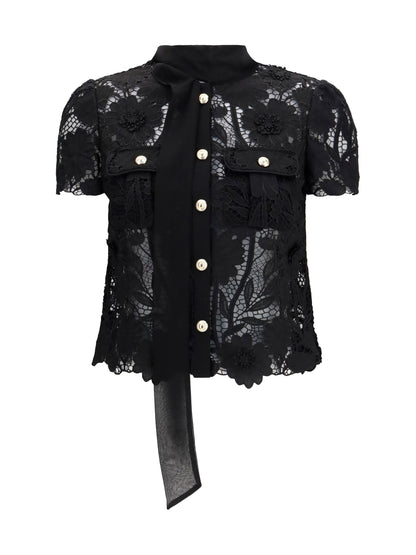 Self-Portrait Tie-neck Top - Black