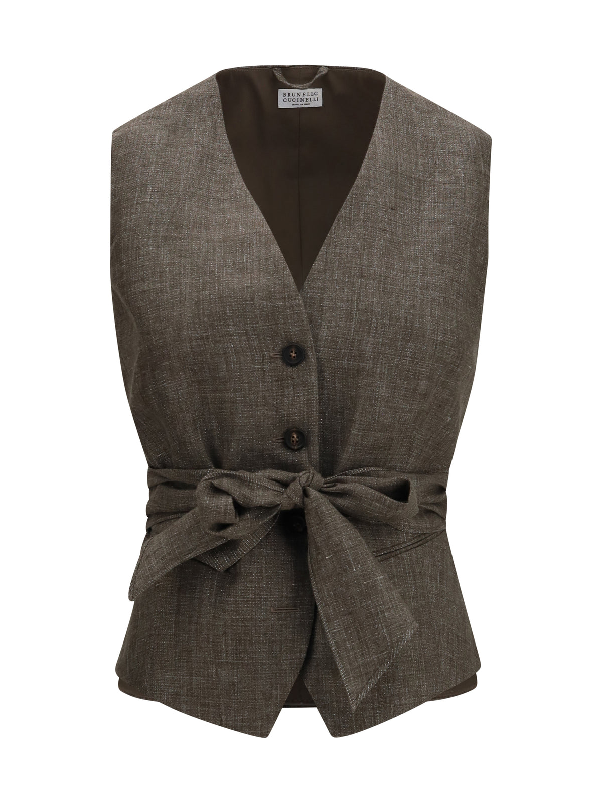 Brunello Cucinelli Belted Linen Vest - Dark Brown/Silver