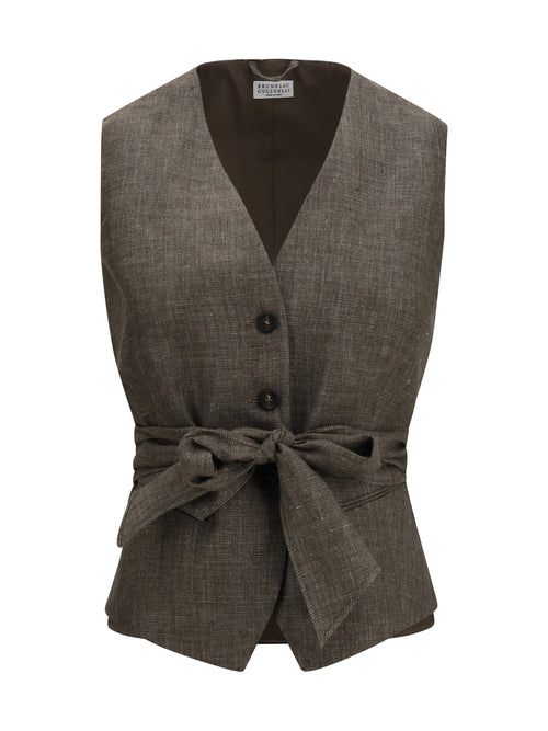 Brunello Cucinelli Belted Linen Vest - Dark Brown/Silver