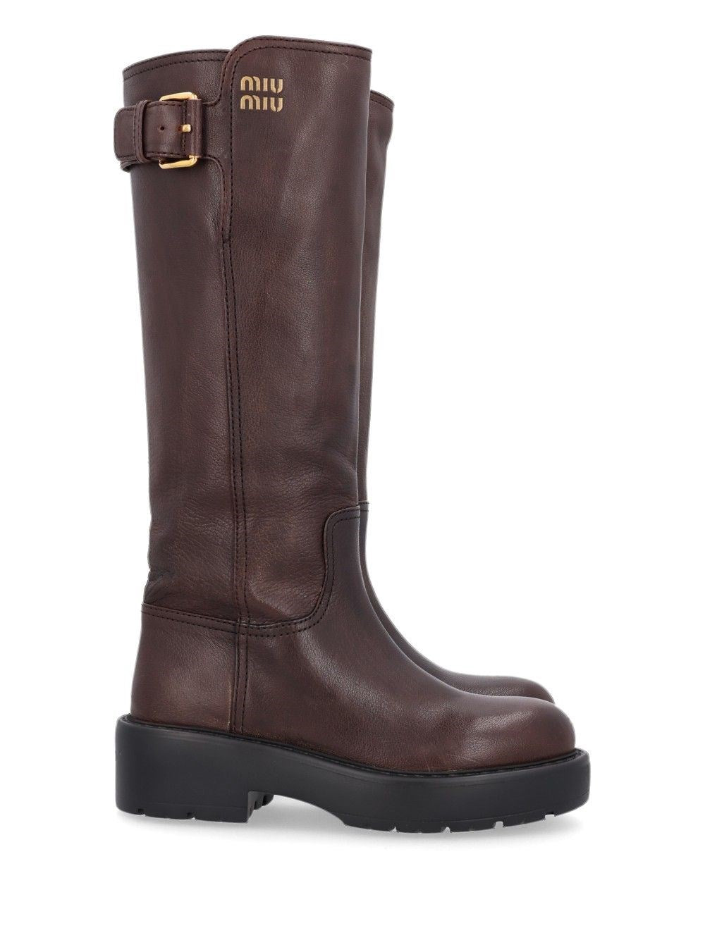 Miu Miu Leather Boots With Buckle - Brown