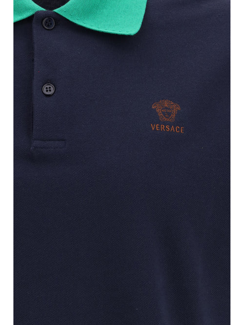 Versace Polo in cotton piqué with embroidery - Dark Navy+Bright Emerald