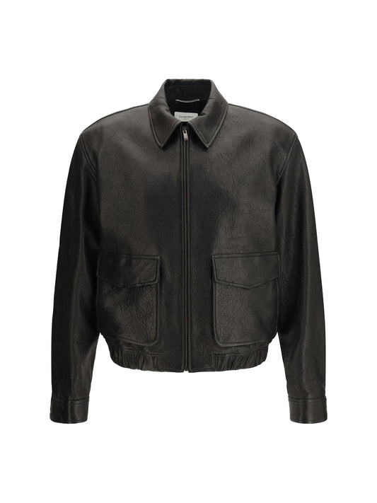 SAINT LAURENT Short lamb leather Jacket with pointed collar