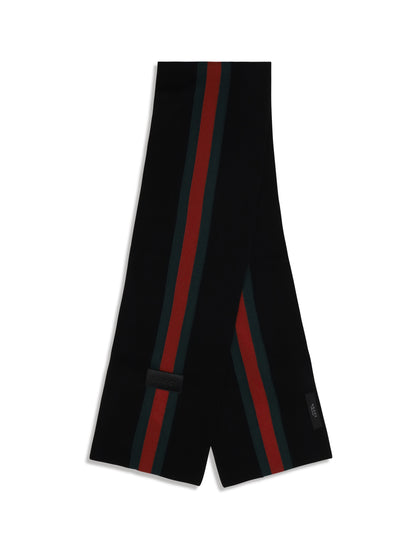 Gucci Wool Scarf with Web Stripe - Black/Dark Green