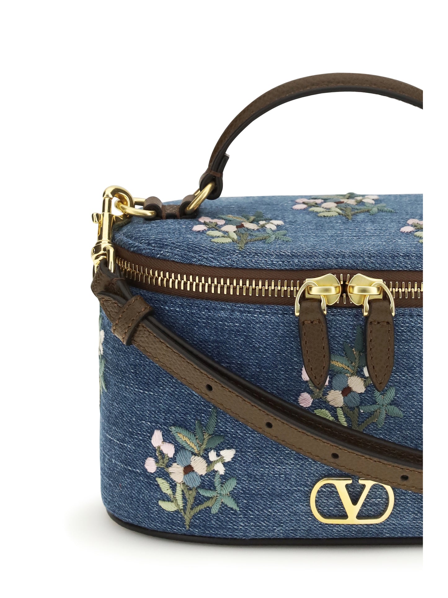 VALENTINO GARAVANI VLogo Signature Denim Vanity Hand Bag with floral embroidery