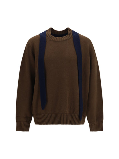 Sacai Wool knit Cardigan with integrated scarf - Brown×Navy