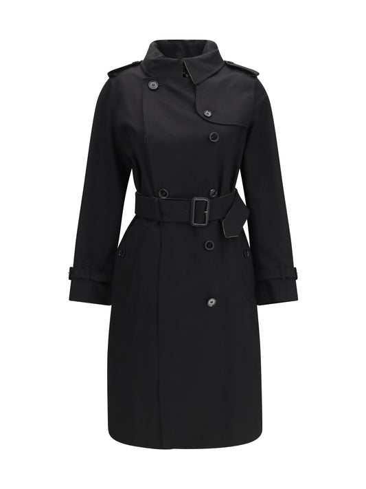 Burberry Long gabardine Trench Coat with Check collar - Black