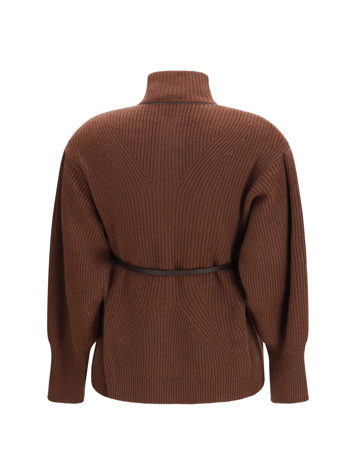 Brunello Cucinelli High neck Cardigan with belt - Cioccolato