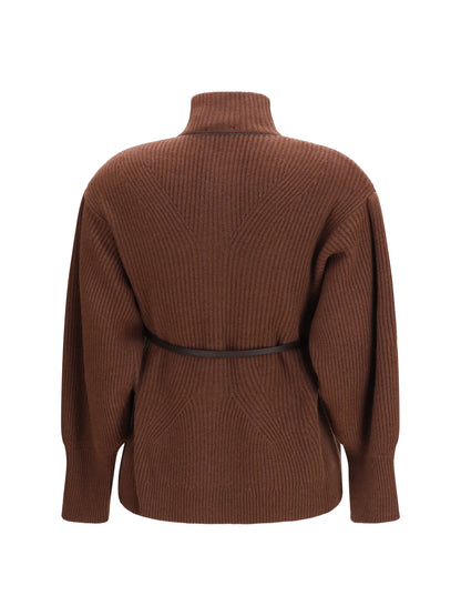 Brunello Cucinelli High neck Cardigan with belt - Cioccolato