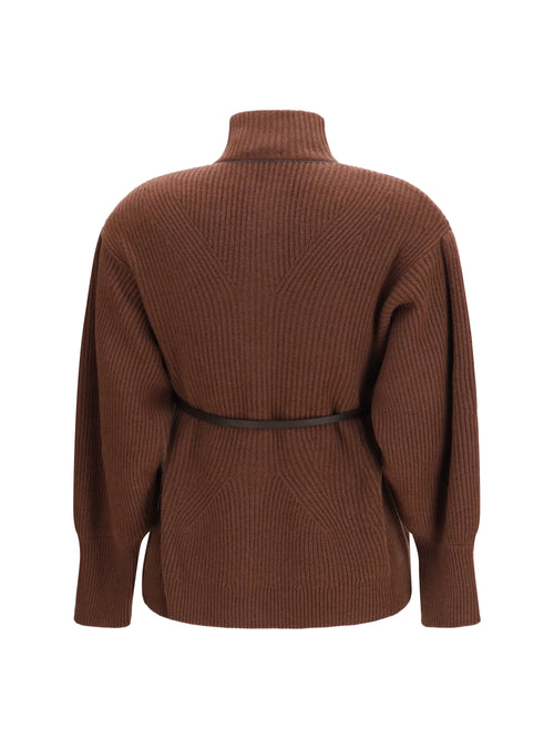 Brunello Cucinelli High neck Cardigan with belt - Cioccolato