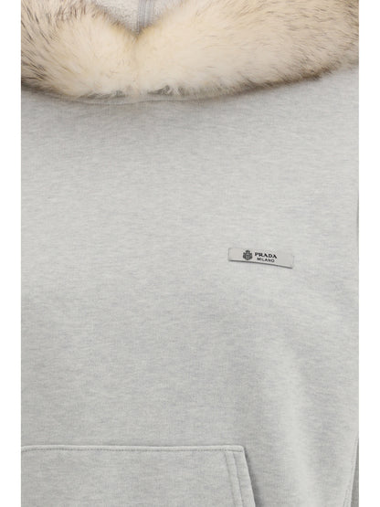 Prada Hoodie features a hood lined in shearling - Grey Melange