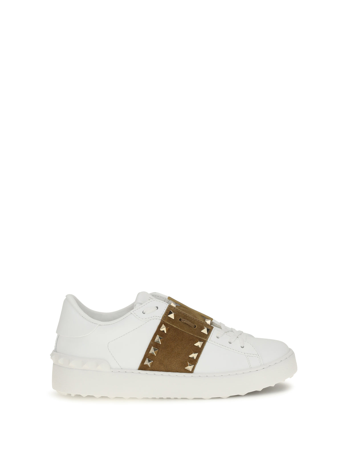 Valentino Garavani Rockstud Untitled Sneakers with suede band - White/Havana Beige/White