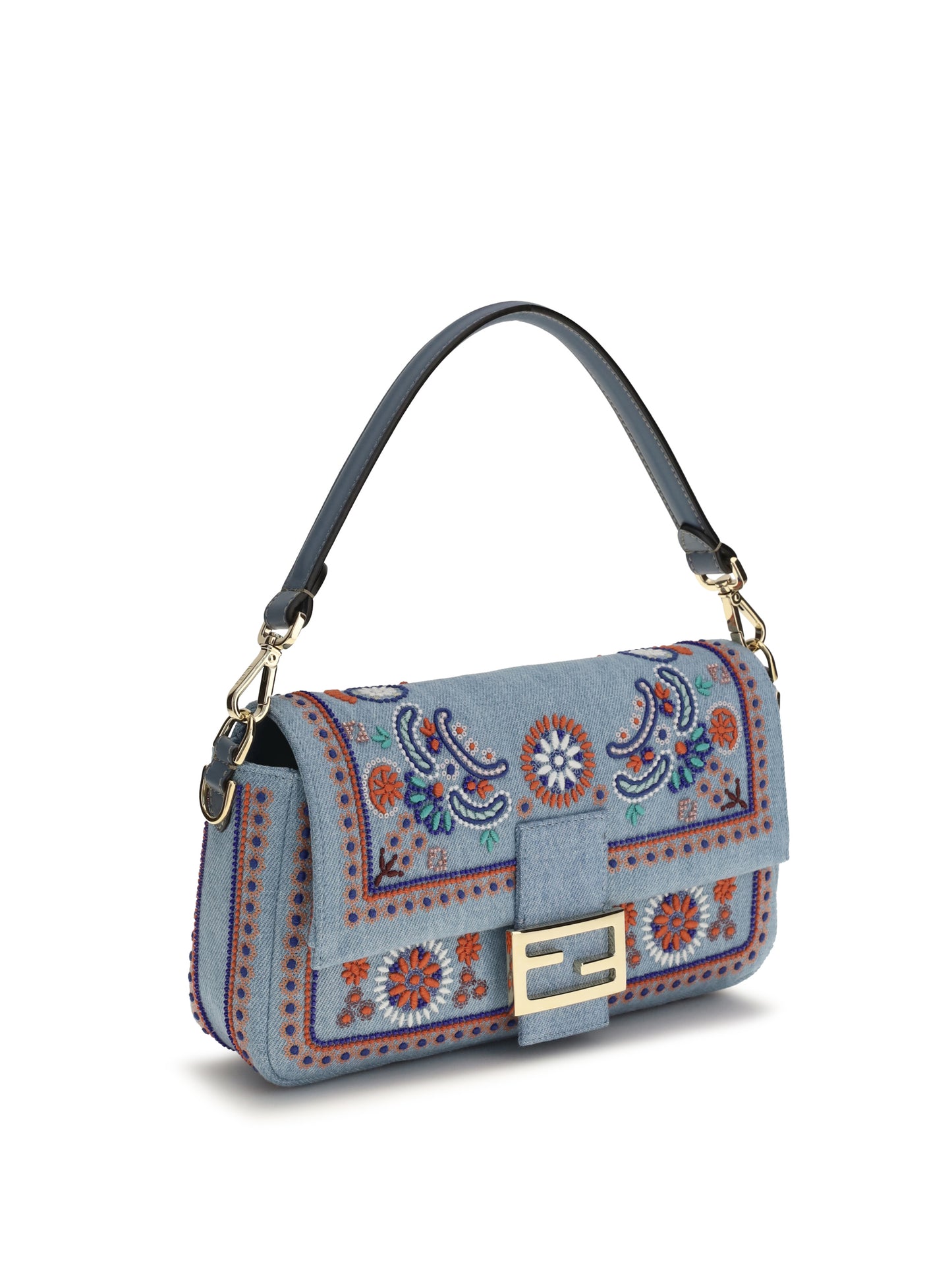 FENDI Multicolor embroidered denim Shoulder Bag