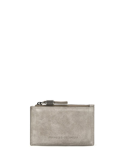 Brunello Cucinelli Suede Card Holder with Shiny Zipper Pull - Ice