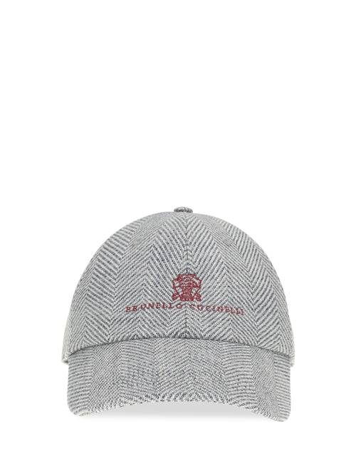 Brunello Cucinelli Alpaca, wool and silk chevron Baseball Hat with logo - Ceruleo+Rosso