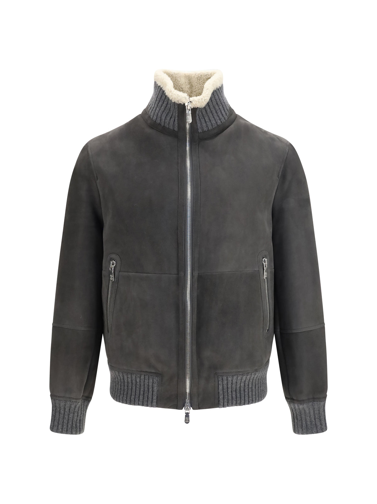 Brunello Cucinelli Shearling Jacket with zip and high neck - Acciaio Pelo Ecru'