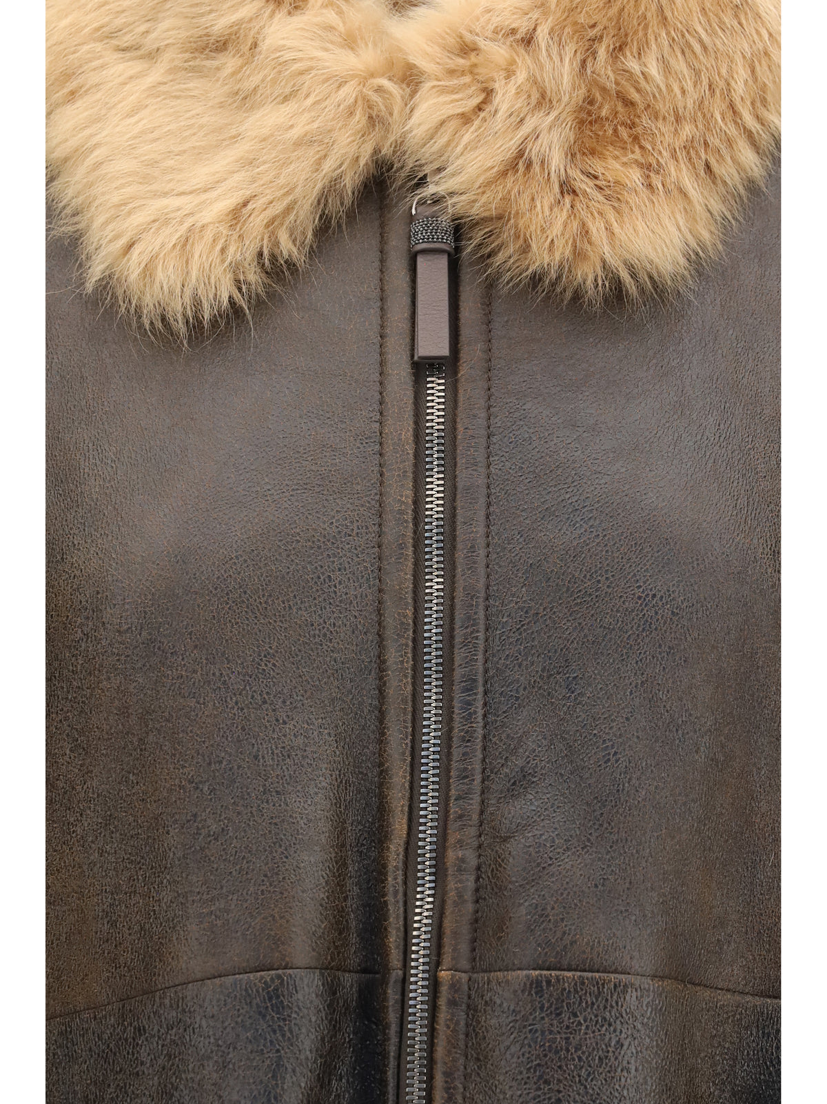 Brunello Cucinelli Vintage-effect shearling Bomber with shiny zipper pull - Hazelnut