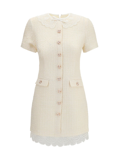 Self-Portrait Tailored mini Dress with bouclé lace inserts - Cream