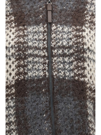 Brunello Cucinelli Checked wool zip Cardigan - Ivory/Piombo/Anthracite