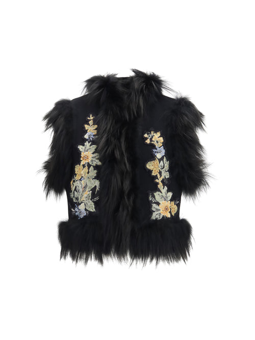Fendi Virgin wool Vest with fur collar and floral embroidery - Black