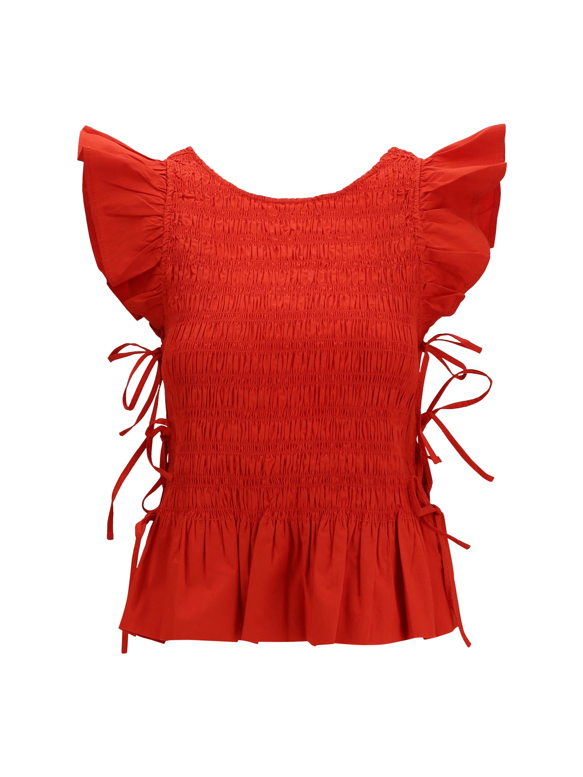 Ganni Ruched cotton Top with side bows - Goji Berry