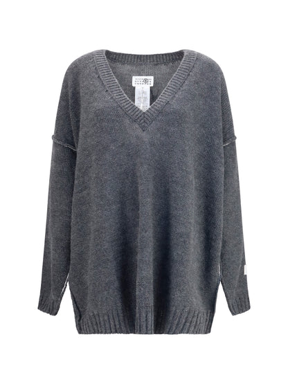 MM6 Maison Margiela Oversized V-neck Sweater - Grey Melange