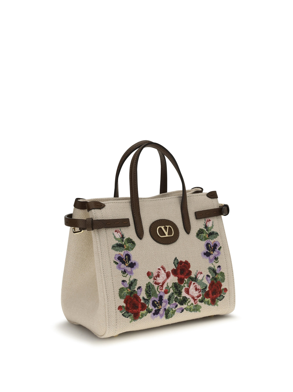Valentino Garavani Antibes Mini Handbag in embroidered linen - Ecru/Multicolor/Tabac Brown