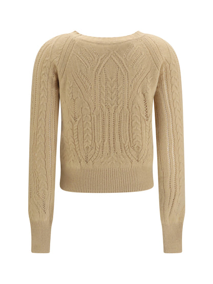 Ermanno Scervino Long sleeve cable knit and openwork cashmere Sweater - Melange Beige