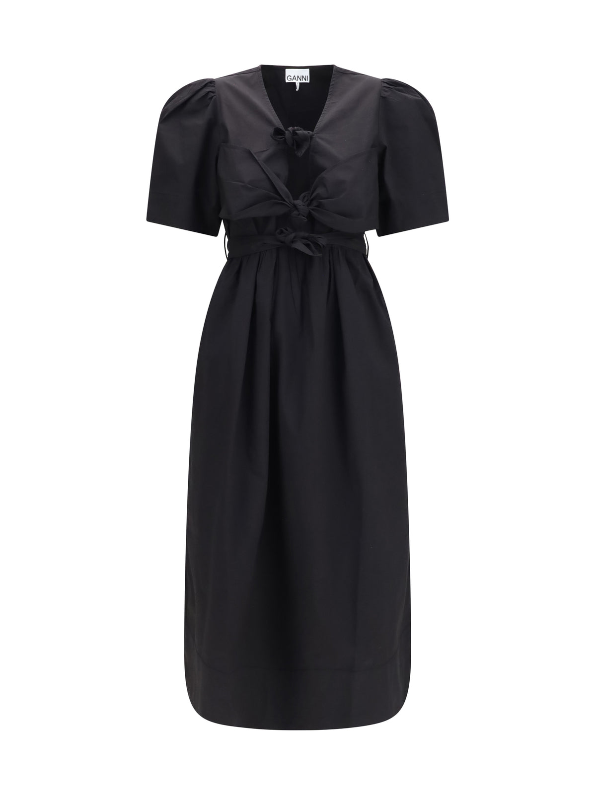Ganni Midi Dress with bows and puff shoulders - Black