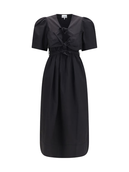 Ganni Midi Dress with bows and puff shoulders - Black