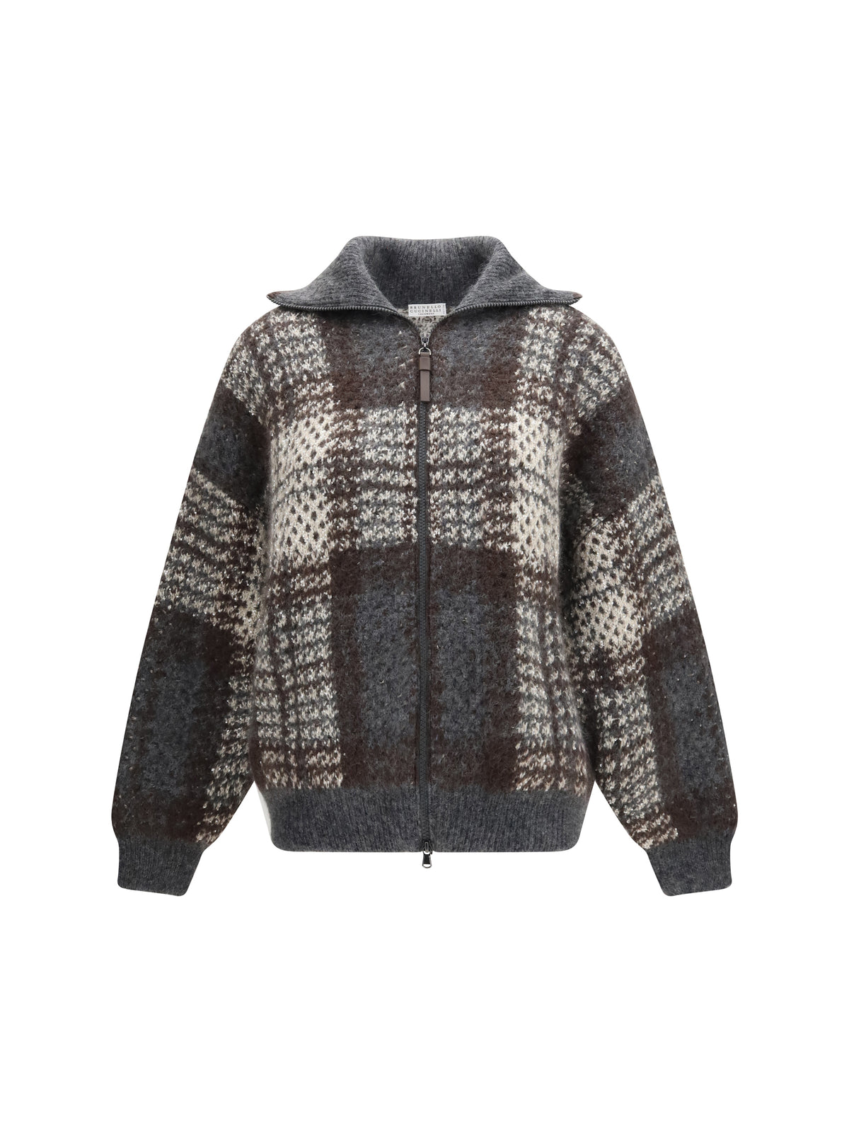Brunello Cucinelli Checked wool zip Cardigan - Ivory/Piombo/Anthracite