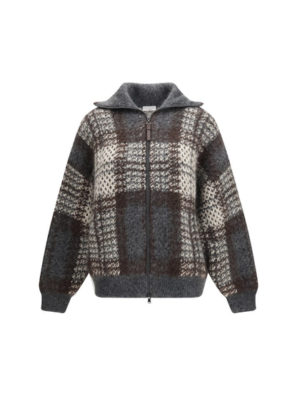 Brunello Cucinelli Checked wool zip Cardigan - Ivory/Piombo/Anthracite