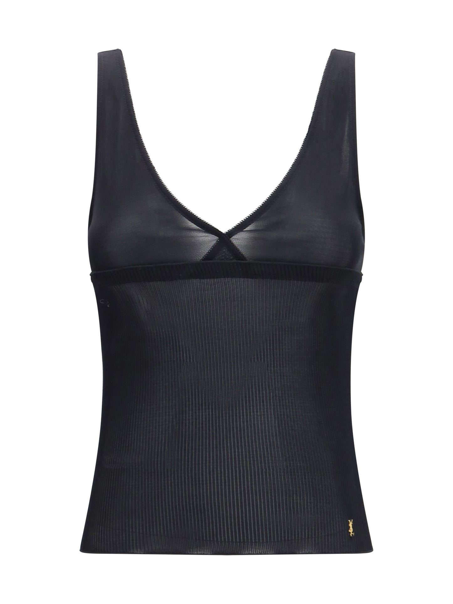 SAINT LAURENT Ribbed silk jersey lace-trim tank Top