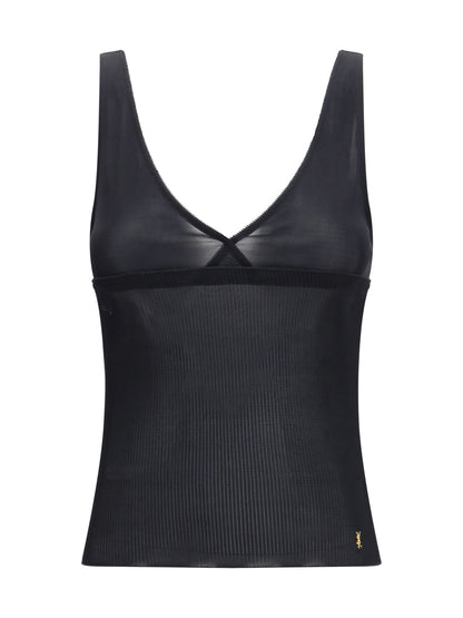 SAINT LAURENT Ribbed silk jersey lace-trim tank Top