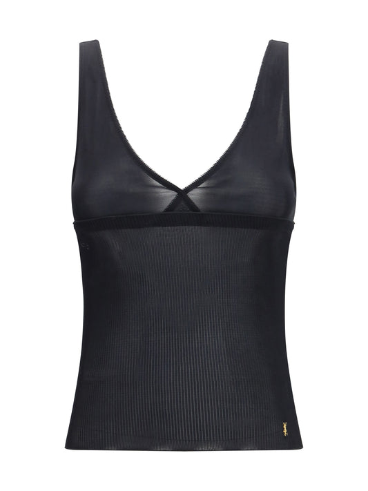 SAINT LAURENT Ribbed silk jersey lace-trim tank Top