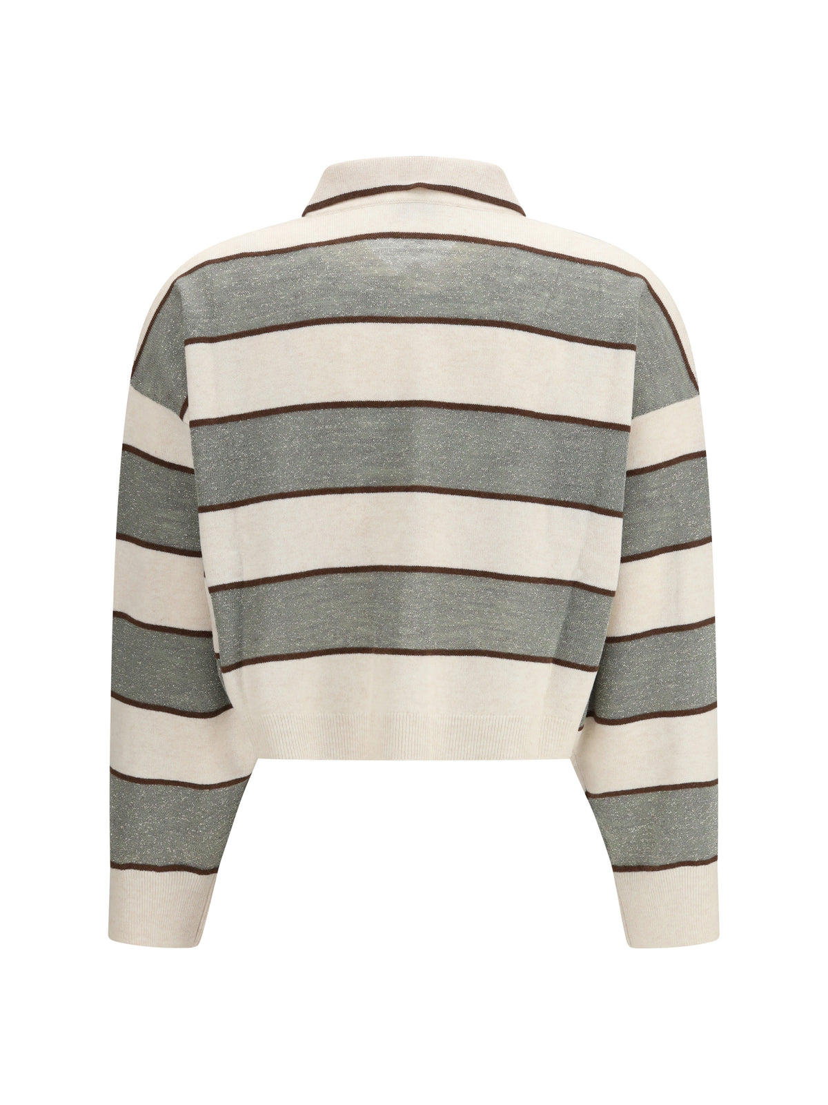 Brunello Cucinelli Polo Crop in Sparkling Stripes knit - White Beige+Visone+Militare