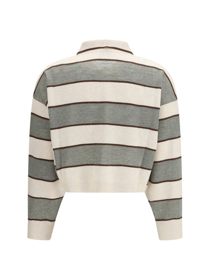 Brunello Cucinelli Polo Crop in Sparkling Stripes knit - White Beige+Visone+Militare