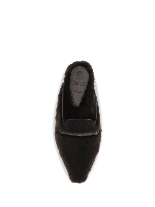 Brunello Cucinelli Shearling Ballerinas with Precious Bar - Moro