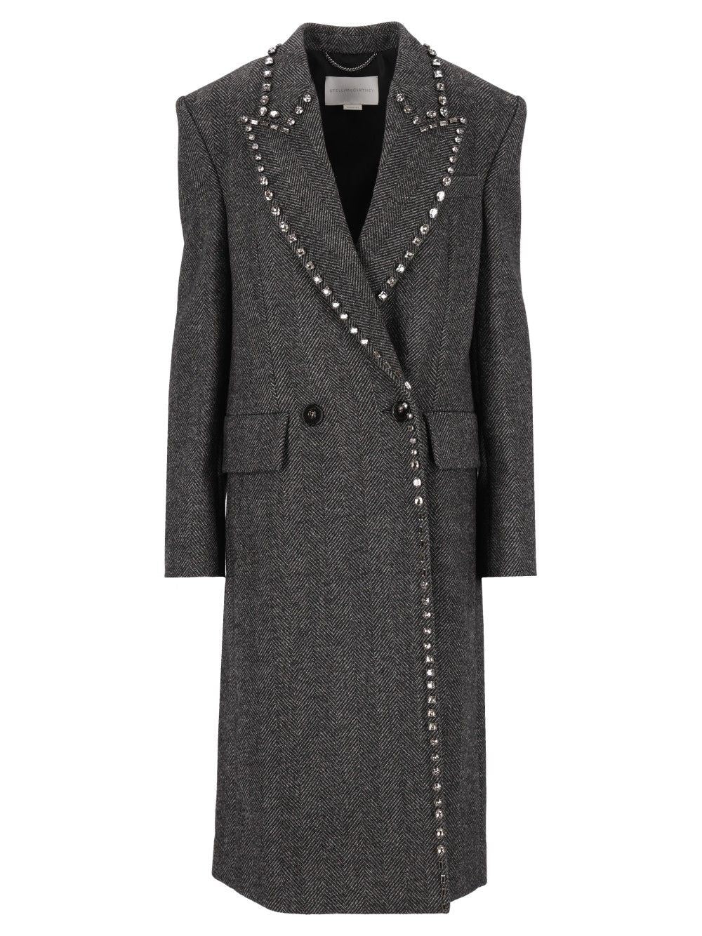 Stella Mccartney Double-Breasted Herringbone Coat With Crystals - Grey