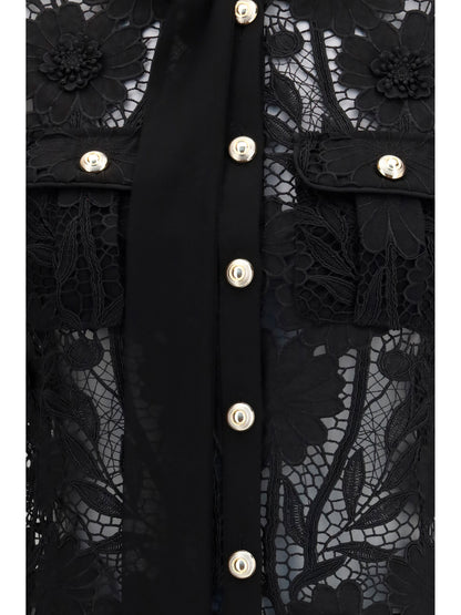 Self-Portrait Tie-neck Top - Black